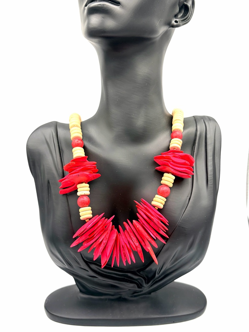 Handcrafted Tagua Wood Statement Necklace Hot Pink and Natural Tan